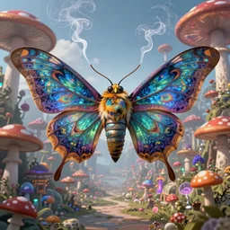 8K headshot Portrait of centered chest up of a psychedelic godlike mothman with giant mandala wings smoking heavily , magic mushroom village in background , post-processing , award winning. superb resolution. in the art style of Tony Takezaki and Greg Rutkowski . Detailed Mushroom city in background. Hyper realistic anime. Perfect art. Dalle2
