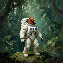 a griffin in a space suit on a mountain in a giant jungle in the style of Rembrandt, highly detailed