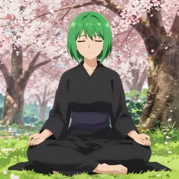 anime key visual of a woman with short green hair wearing a black saree meditating near a japanese spring surrounded by cherry blossom trees by ilya kuvshinov and satoshi kon