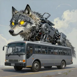 Mechanical  animal - transformer hybrid of bus and wolf, having cabin in form of wolf head with big yellow eyes turning into long mechanical body - bus with wheels and windows in grey color, standing  before us, mechanical form of life, oil on canvas, fantasy, magic, dream, perfect composition, digital painting, concept art, smooth, sharp focus, illustration, artstation trending, octane render, unreal engine, anime style, cyberpunk