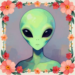 abstract character portrait art, ant alien, trending in artstation, flowers at each frame border