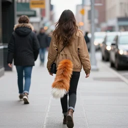 back of a young woman with a fox tail, walking the streets of new york