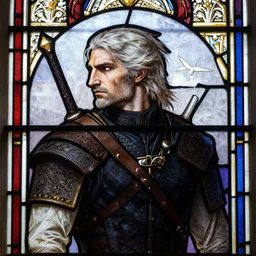 side - view portrait of gaunter o'dimm from the witcher 3, 1 0 th century stained glass window, very masterful