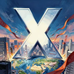 an epic comic book style painting of the uppercase letter x towering over the world, the letter x, font, letters, tokyo cityscape, banners and ribbons, trending on artstation, dynamic lighting