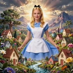 giant alice in wonderland, pin up, houses, trees, mountains, woman, city, digital art, photo, blue dress, photoshop, flowers, collage, river, up