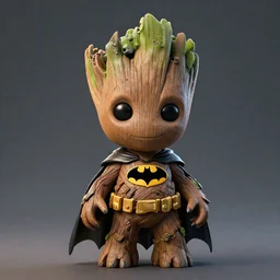 a cute groot in batman costume, highly detailed, mega detailed,