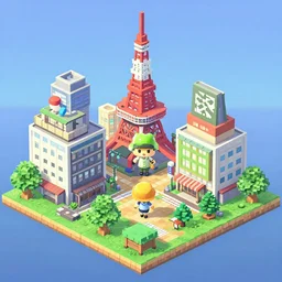 isometric voxel Tokyo Japan Akihabara in the style of animal crossing, magical, 3d render