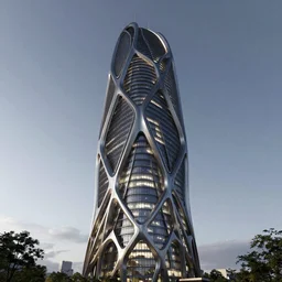 organic skyscraper with an generative design exoskeleton, dark plastic, glowing lights, octane render