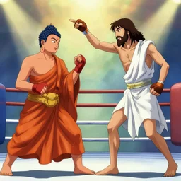 gautama buddha fighting with jesus christ in a boxing match. anime scene