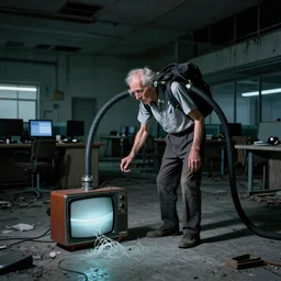 In an decaying abandoned call centre office at night , A skinny old Man with a old television on his back ,flexible industrial pipes join his ears and mouth to the television, fibres trial on the floor ,Kodak portra 400 , volumetric lighting ,upscale ,