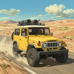 digital illustration of mad max's fj 4 0 pursuit special, the last v 8 interceptor driving down a deserted dessert highway in the middle of the day by studio ghibli, anime style, by makoto shinkai, ilya kuvshinov, lois van baarle, rossdraws, basquiat