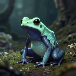 female dart frog yokai in the lichen woods. safe for work, muted complementary colors, anime still, luminescent, 4 k, chiaroscuro, rimlight.