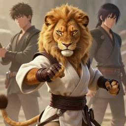 beautiful portrait of a female anthropomorphic lioness fursona wearing jedi robes. leather gloves. angry aggressive combat stance. character design by charlie bowater, ross tran, artgerm, and makoto shinkai, detailed, soft lighting, rendered in octane