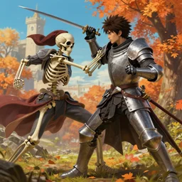 an epic fantasy comic book style portrait painting of a skeleton fighting a knight, studio ghibli, unreal 5, daz, hyperrealistic, octane render, cosplay, rpg portrait, dynamic lighting, intricate detail, harvest fall vibrancy, cinematic