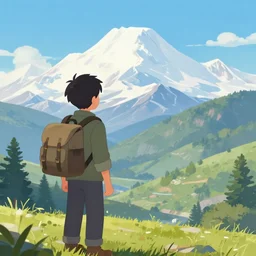 an adventurer looks at mountains in the distance, vanillaware art, george kamitani