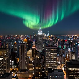 dense city with skyscrapers at night with Aurora borealis ultra realistic 8k bordering on artstation