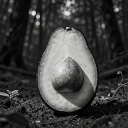 nikocado avocado in the forest staring at me, night black and white