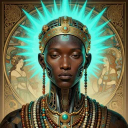 portrait of a cyberpunk machine, machine face, upper half portrait, decorated with beads, african man, cyan spike aura, traditional chinese art, intricate, elegant, highly detailed, headpiece, digital painting, artstation, concept art, smooth, sharp focus, illustration, art by artgerm and greg rutkowski and alphonse mucha, 8 k