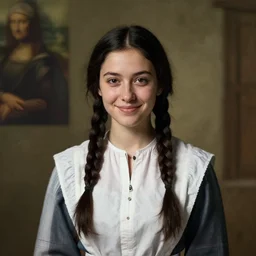 a melancholicly (((smiling)) black haired, young hungarian village maid from the 19th century who ((looks very similar to Lee Young Ae)) with a two french braids, detailed, portrait by Ferenczy Károly, Csók István and da Vinci