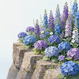 a gorgeous garden on the edge of a cliff filled with beautiful flowers of blue and violet and pink from all around the world, monet