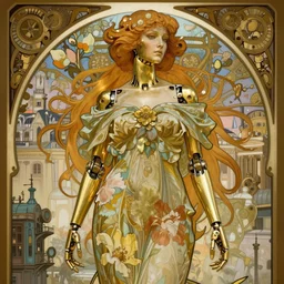 brass semi - mechanical woman, portrait, floral art novuea dress, art by alphonse mucha, in steampunk cityscape designed by victor horta, golden hour, robotic prosthetic limbs