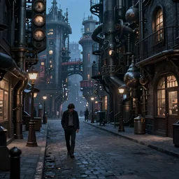 a lonely street of a steampunk city at night, only one sad man walking down the street, in the style of Edward hopper, 4k,