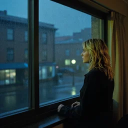 blonde girl looking out the window of her hotel room, rainy night, neon lighting, by Edward Hopper