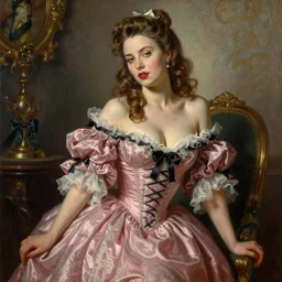 ekaterina dressed in pin up style, ultra detailed, beautiful, decolte, by greg hildebrandt fancy rococo baroque oil painting high quality clothed in fancy garb in pin up style
