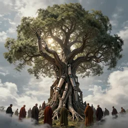biomechanical arms and legs growing out of a tree, intricate details, finger branches, backlit, clouds, a crowd of robed worshipers climbing the tree, concept art, by greg rutkowski