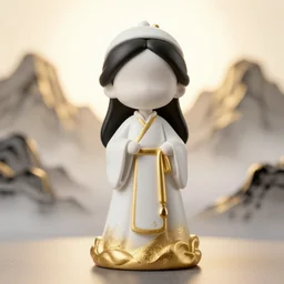 cartoon priestess of the strawberry mountains. resin sculpture, backlighting, depth of field, 4 k, ink wash and gold