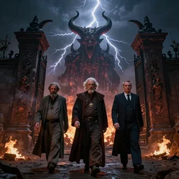 The patriarch and the president and the general are walking three of them out of the gates to hell, it's dark around, they have horns, lightning in the sky, the infernal underworld, the state is on fire,