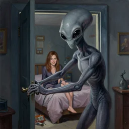 a tall gray alien with big black eyes opening the door, abducting young dana scully, inside a cluttered bedroom at night, probe, highly detailed, classic oil painting, digital illustration, concept art, smooth, sharp focus, art by tim hildebrandt, and alex grey