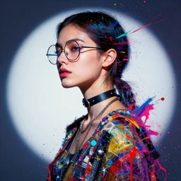 apunk girl wearing circular glasses, beautiful eyes, wearing a choker and necklaces, side portrait, defiant, passionate, spotlight, paint drips, glitching paint splatter, vibrant colors, dramatic, brush strokes, collage, textiles, futuristic clothing, digital painting, by marco paludet, by jeremy mann, by hannah hoch