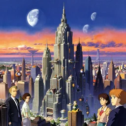 concept art image of an intricate detailed dmt skyscraper amidst a futuristic city against a fantastic colorful sky with a couple moons, by simon stalenhag, by sid mead, by anton fadeev, by denise scott brown, by studio ghibli, anime cell shaded