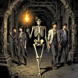 beautiful digital portrait painting of a skeleton wandering through a never - ending dungeon with a torch, by charlie bowater, ross tran, artgerm, and makoto shinkai, detailed, inked, western comic book art