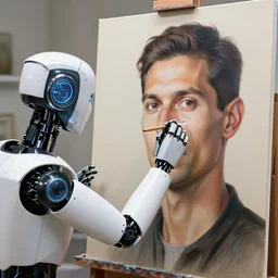 robot artist painting a self - portrait on a canvas. intricate, highly detailed, photorealistic, film still, by vdragan bibin.