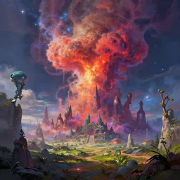 a dystopian landscape trending on artstation, vibrant alien life, cosmic smoke