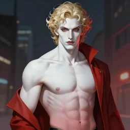portrait of a beautiful young fit male vampire with curly blond hairs and pale skin, dressed with urban clothes, by Greg Rutkowski and alphonse mucha, d&d character, gradient white to red, modern nocturnal background, highly detailed portrait, digital painting, artstation, concept art, smooth, sharp focus ilustration, Artstation HQ