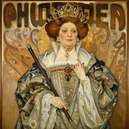 painting of an elderly queen by mucha and lempicka