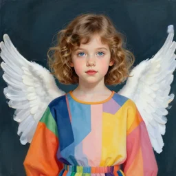 a cute seven year old girl with short wavy curly light brown hair and blue eyes with angel wings. she is wearing colorful modern clothes. by artgerm and greg rutkowski and alphonse mucha