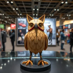 8 k octan, advertising, highly detailed, photo, a totally wooden figurine collectible art toys wooden on feet, very cute fat cyborg birds zen with cat ears, cyberpunk, graffiti colored ratio, design, showroom, dealership, indoor display, convention, exhibition, a contemporary art gallery, masterpiece