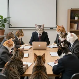 photo of a cats board meeting of cats in suits. Highly detailed 8k. Intricate. Sony a7r iv 55mm. Stock photo.