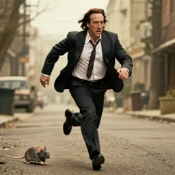 nic cage running away from a mouse, terrified, hd award winning portrait