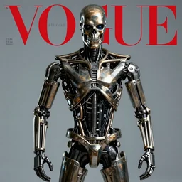 terminator t - 8 0 0. pose. studio photo. vogue magazine cover with text. highly detailed