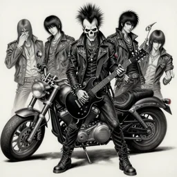 a portrait of the grim reaper as a punk rocker, punk, skeleton face, mohawk, dark, fantasy, leather jackets, spiked collars, spiked wristbands, piercings, boots, electric guitars, motorcycles, ultrafine detailed painting by frank frazetta and vito acconci and michael whelan and takeshi obata, death note style, detailed painting