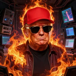 character art by ruan jia, donald trump wearing wayfarer glasses and red baseball hat at a music concert, on fire, fire powers, room filled with wiring electronics and computer monitors