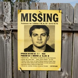 an old yellowed missing person's poster nailed to a broken wooden fence