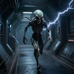 alien running behind me in a space station corridor, alien! alien isolation, horror, highly detailed, 4 k, game screenshot, dark, white lightning