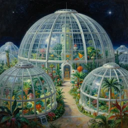 a cinematic view of a deepspace solar powered space habitat colony, large domed greenhouses with exotic plants, retrofuturism, scifi art, oil on canvas, biodome, stars in the sky above, details, hyper - detailed, hd, hdr, 4 k, 8 k