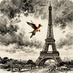 free willy jumping over the Eiffel tower. Illustration, dystopian style, inked and colored, by john romita jr.